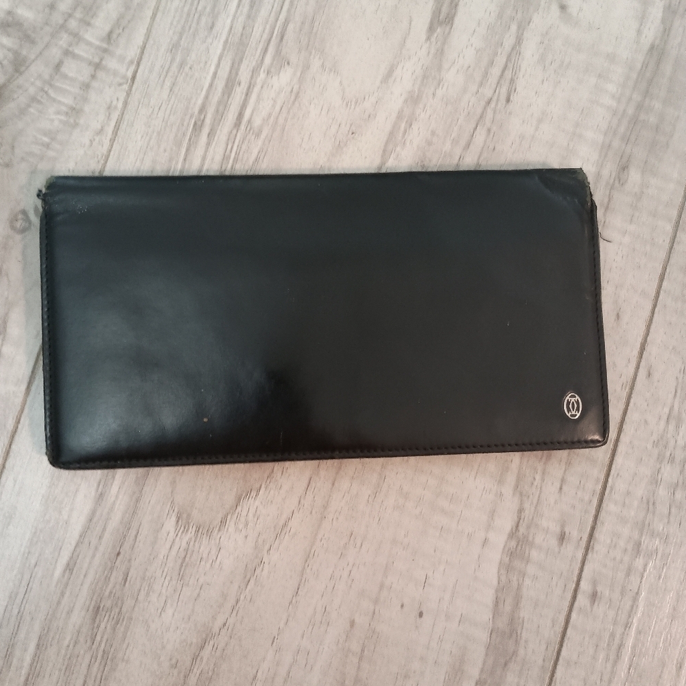 CARTIER 2C Logo Bifold Wallet Purse Leather Black Silver Made in France